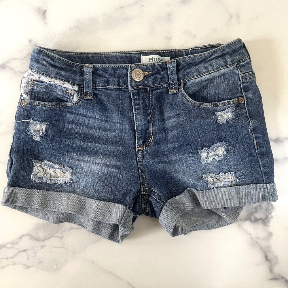 Mudd Lace Embellished Distressed Denim Shorts, Medium Wash, Size 14